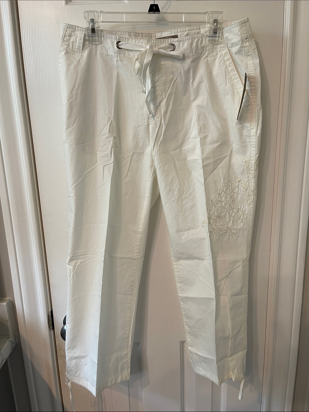 Women’s Off White Drawstring Chinos with Subtle Embroidery